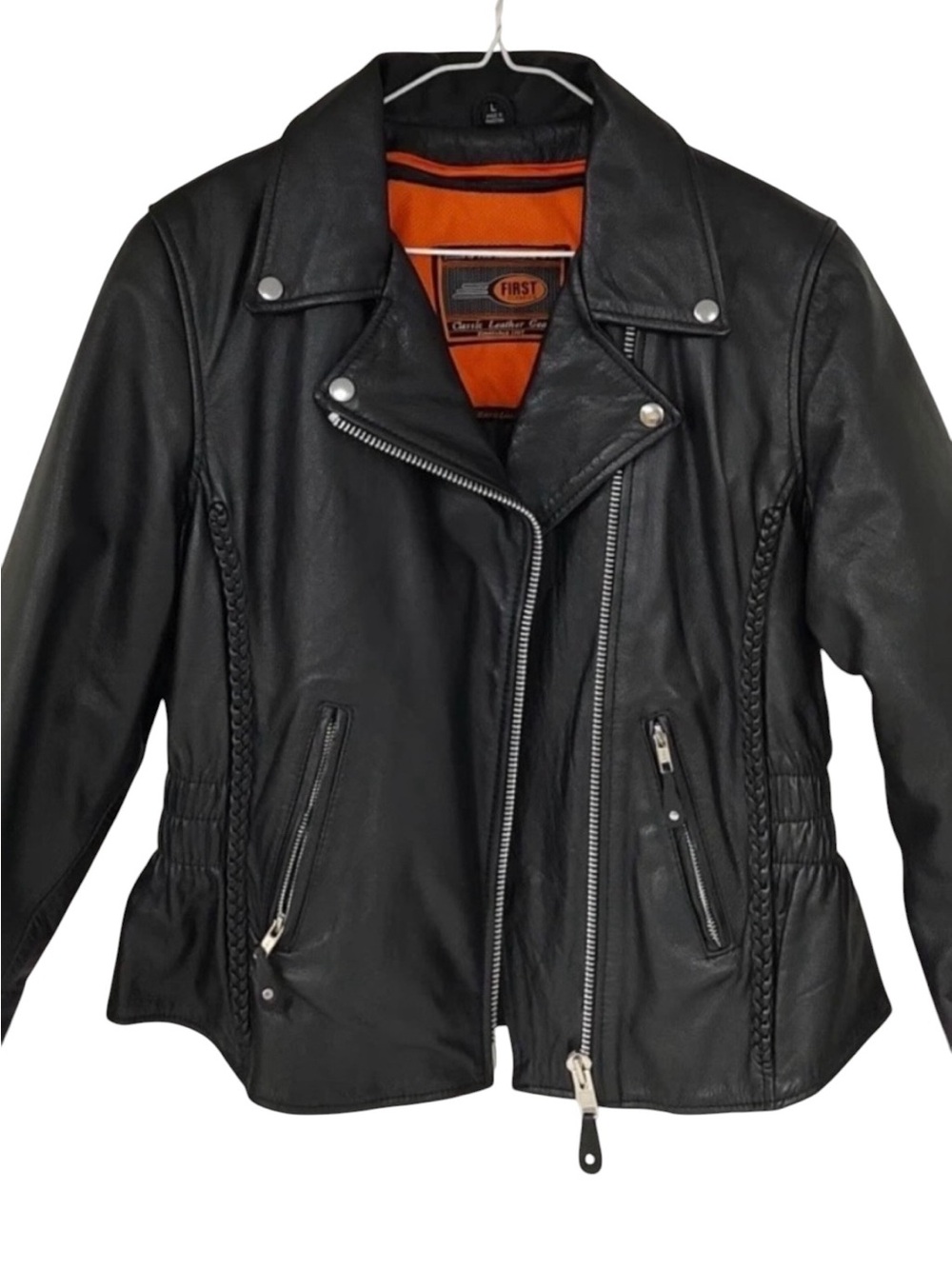 Black leather moto style jacket with braided detail large